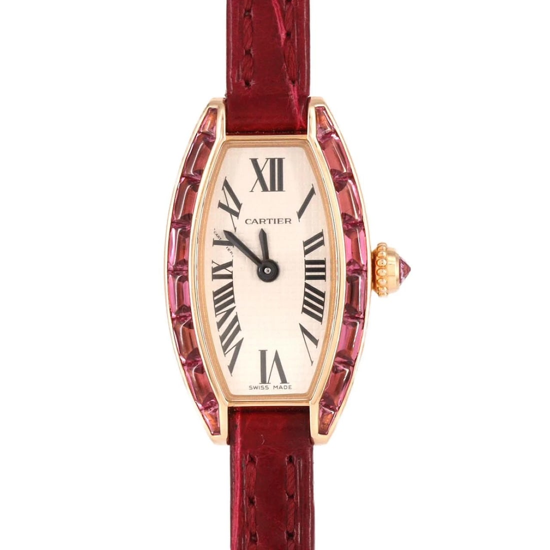 CARTIER MINI TONNEAU LANIER PG/RG WATCH: Cartier Mini Tonneau Lanier PG/RG Watch Brand: CARTIER Type: Wrist watch Material: Case: Pink gold/rose gold Bracelet: Strap Color: Dial Color: Silver/Roman Band Color: Red Size: Case diameter: 16x27m