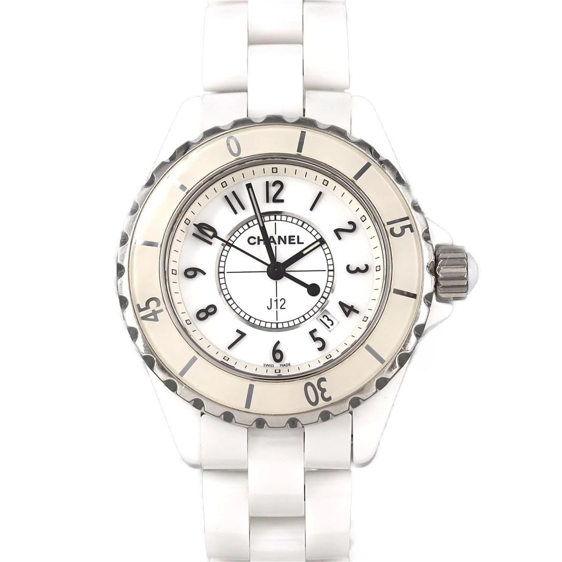 CHANEL J12 CERAMIC WATCH: Chanel J12 Ceramic Watch Brand: CHANEL Type: Wrist watch Material: Case: Ceramic Bracelet: Ceramic Color: Dial Color: White/Arabic Size: Case diameter: Approx. 33 mm Max wrist circumference: 17.5 cm