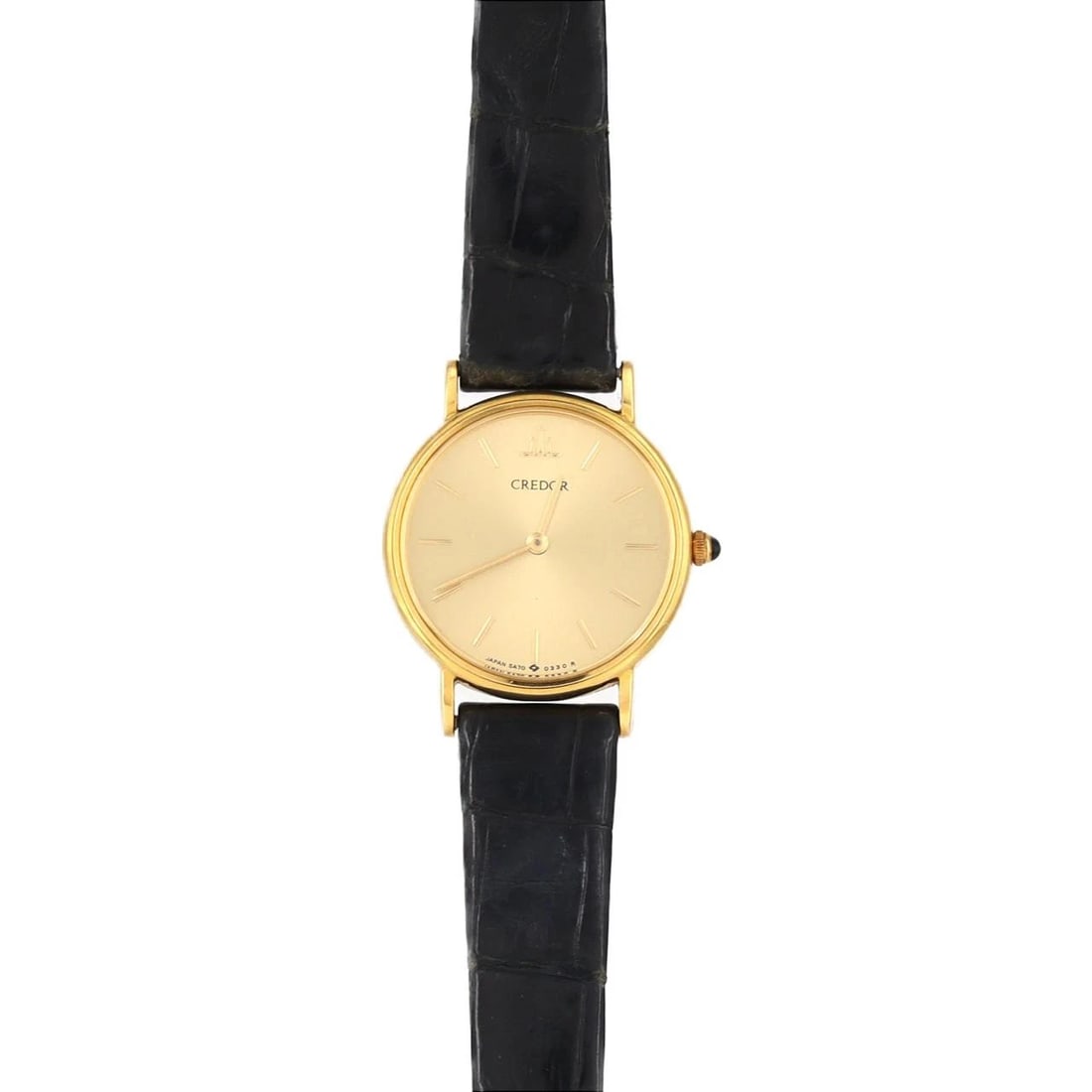SEIKO CREDOR YG QUARTZ WATCH: Seiko CREDOR YG Quartz Watch Brand: SEIKO Type: Wrist watch Material: Case: Yellow gold Bracelet: Strap Color: Dial Color: Gold Band Color: Black Size: Case diameter: Approx. 21.5mm Accessories: N