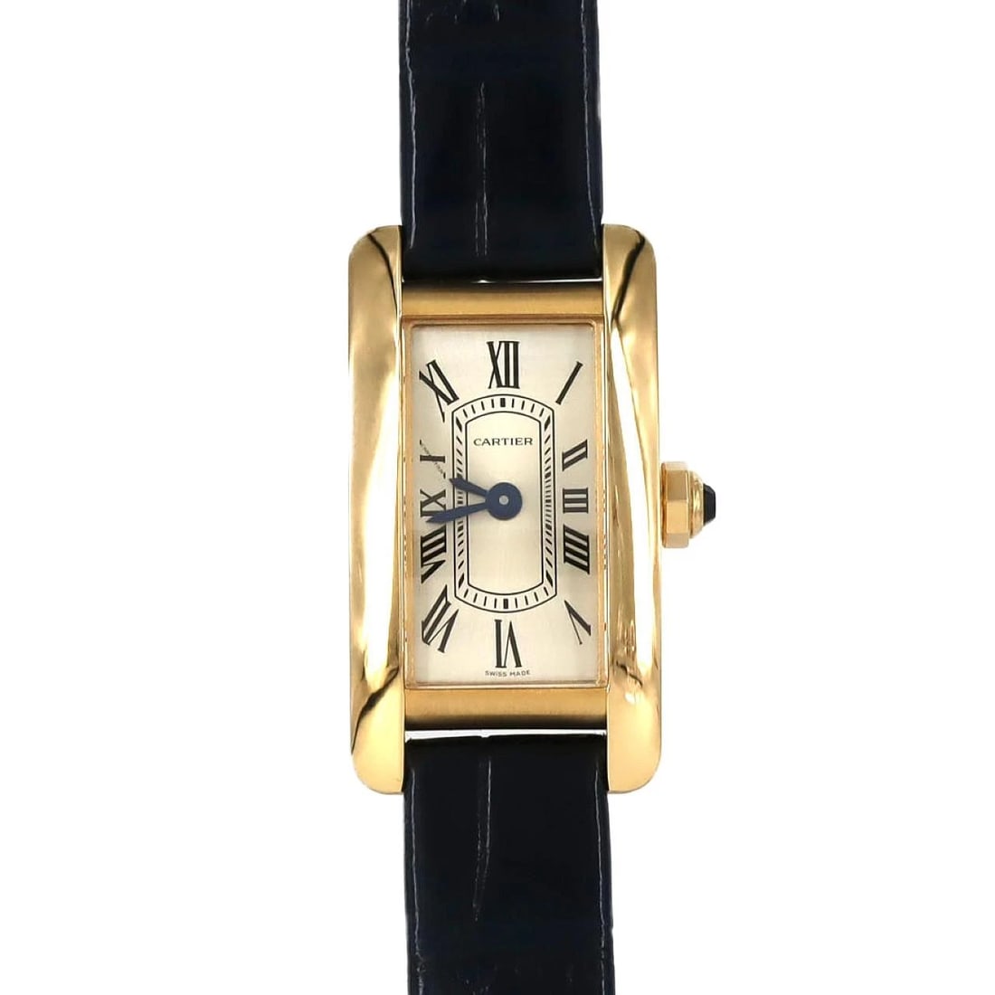 CARTIER TANK AMERICAN MINI YELLOW GOLD QUARTZ WATCH: Cartier Tank American Mini Yellow Gold Quartz Watch Brand: CARTIER Type: Wrist watch Material: Case: Yellow gold Bracelet: Strap Color: Dial Color: Silver/Roman Band Color: Blue Size: Case diameter: a