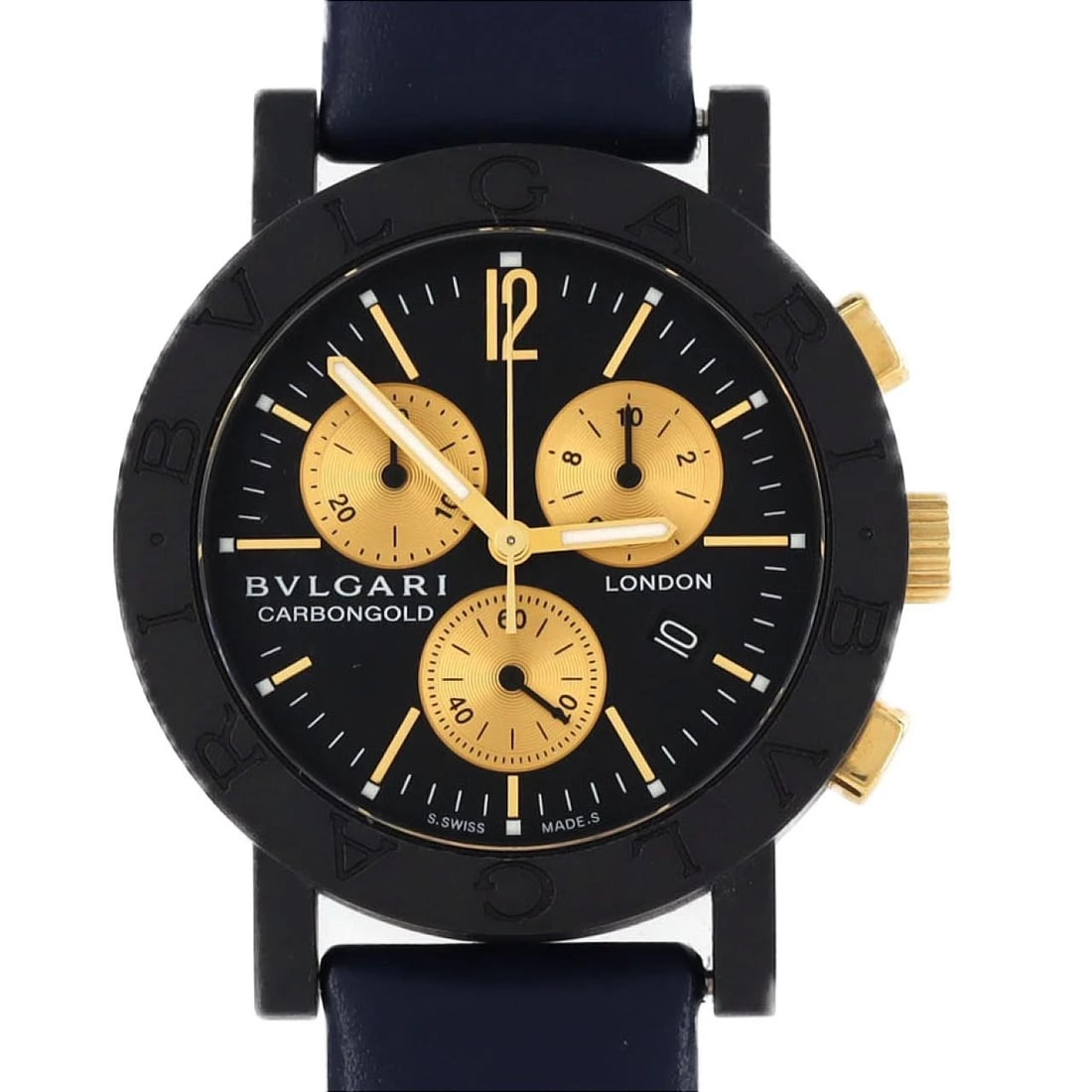 BULGARI CARBON GOLD WATCH: Bulgari Carbon Gold Watch Brand: BVLGARI Type: Wrist watch Material: Case: Other Bracelet: Strap Color: Dial Color: Black, Gold Band color: Blue Size: Case diameter: Approx. 38mm Accessories: None