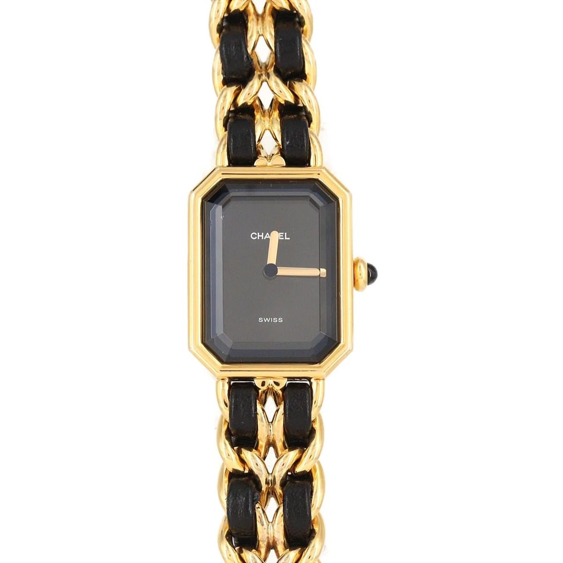 CHANEL PREMIERE GOLD PLATED QUARTZ WATCH: Chanel Premiere Gold Plated Quartz Watch Brand: CHANEL Type: Wrist watch Material: Case: Gold plated Bracelet: Gold plated x Strap Color: Dial Color: Black Band Color: Black Size: Case diameter: 20x26