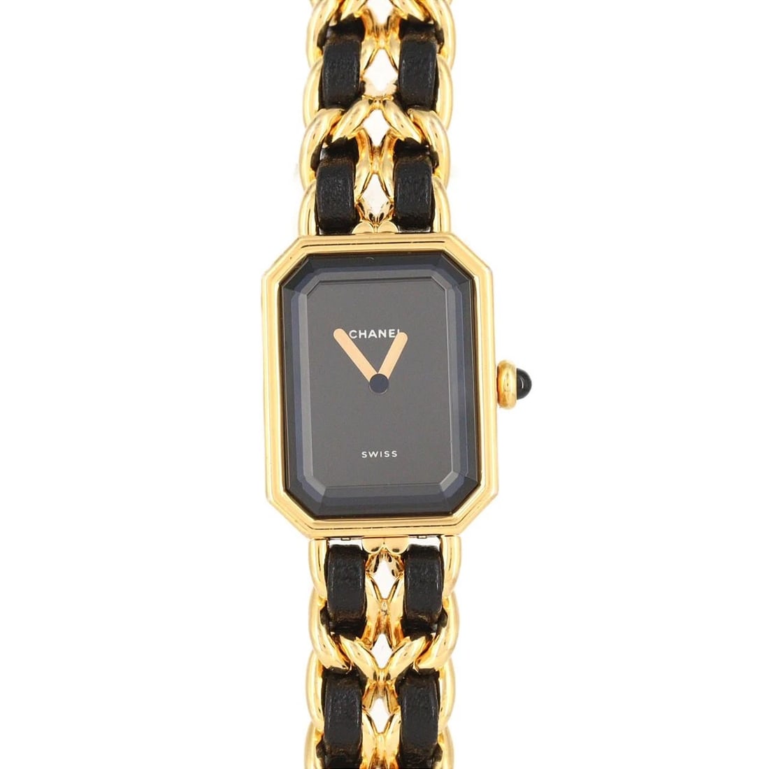 CHANEL PREMIERE GOLD PLATED QUARTZ WATCH: Chanel Premiere Gold Plated Quartz Watch Brand: CHANEL Type: Wrist watch Material: Case: Gold plated Bracelet: Gold plated x Strap Color: Dial Color: Black Band Color: Black Size: Case diameter: