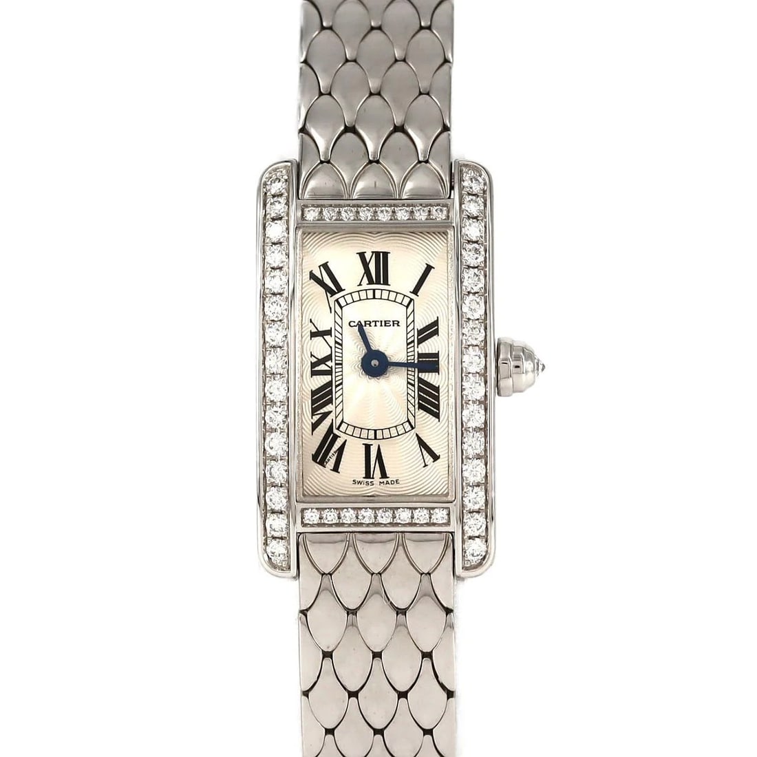 CARTIER MINI TANK AMERICAN WG QUARTZ WATCH: Cartier Mini Tank American WG Quartz Watch Brand: CARTIER Type: Wrist watch Material: Case: White gold Bracelet: White gold Color: Dial Color: Silver/Roman Size: Case diameter: 15x27mm Max wrist