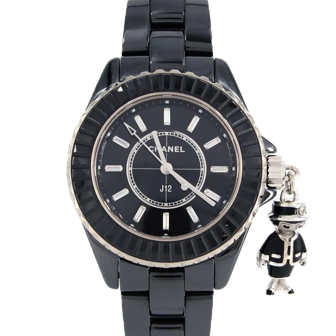 CHANEL MADEMOISELLE J12 CERAMIC X WHITE GOLD WATCH: Chanel Mademoiselle J12 Ceramic x White Gold Watch Brand: CHANEL Type: Wrist watch Material: Case: Ceramic x White Gold Bracelet: Ceramic Color: Dial Color: Black/Baguette D Size: Case diameter: