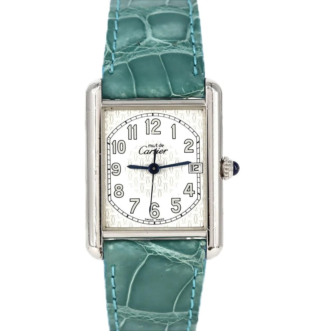 CARTIER MUST TANK DATE WATCH: Cartier Must Tank Date Watch Brand: CARTIER Type: Wrist watch Material: Case: Silver Bracelet: Strap Color: Dial Color: White logo/Arabic numerals Band color: BL Size: Case diameter: 25.5 x 34