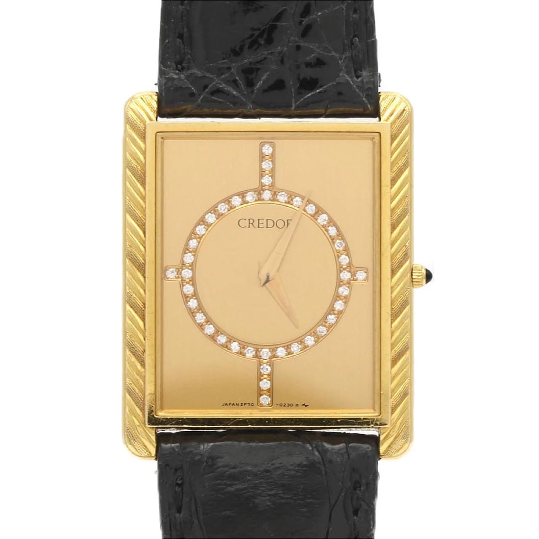 SEIKO CREDOR YG QUARTZ WATCH: Seiko CREDOR YG Quartz Watch Brand: SEIKO Type: Wrist watch Material: Case: Yellow gold Bracelet: Strap Color: Dial Color: Gold, Diamonds Band color: Black Size: Case diameter approximately: 27 x 34