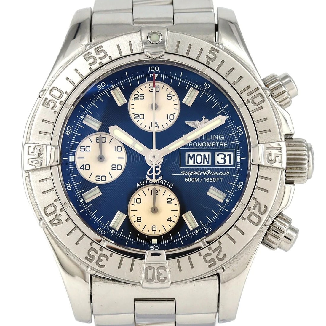 BREITLING CHRONO SUPEROCEAN WATCH: Breitling Chrono Superocean Watch Brand: BREITLING Type: Wrist watch Material: Case: Stainless Steel Breath: Stainless Steel Color: Dial color black,silver Size: Case diameter: Approx. 41.5 mm Max