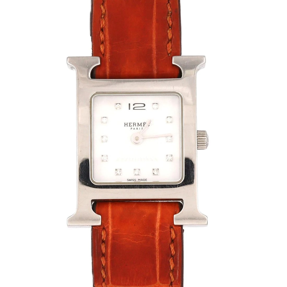 HERMES WATCH STAINLESS WATCH: Hermes Watch Stainless Watch Brand: HERMES Type: Wrist watch Material: Case: Stainless Steel Bracelet: Strap Color: Dial Color: Mother of Pearl/Diamond Band Color: Brown Size: Case diameter: 21x30