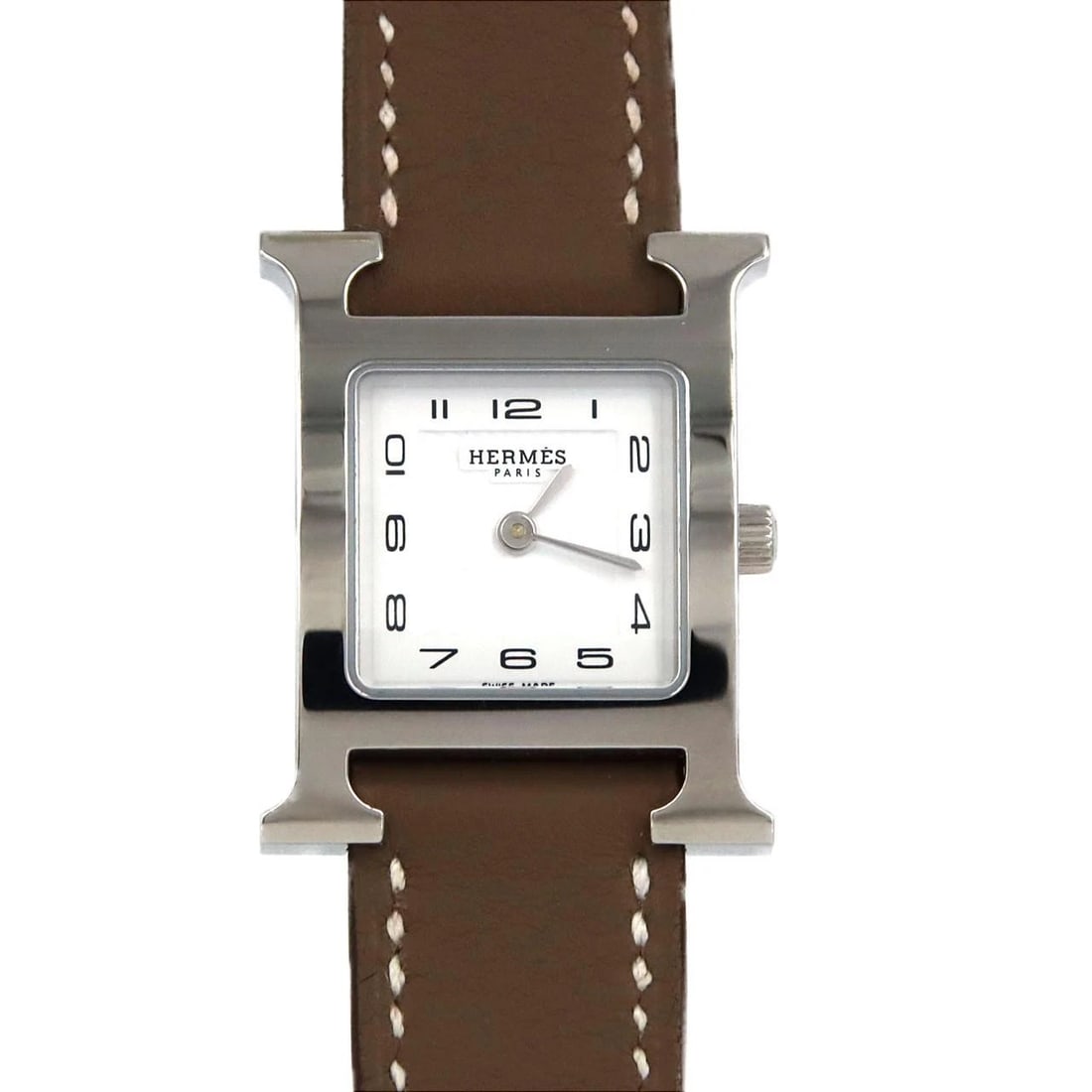 HERMES WATCH STAINLESS STEEL QUARTZ WATCH: Hermes Watch Stainless Steel Quartz Watch Brand: HERMES Type: Wrist watch Material: Case: Stainless Steel Bracelet: Strap Color: Dial Color: White/Arabic Band Color: Brown Size: Case diameter: 21x30