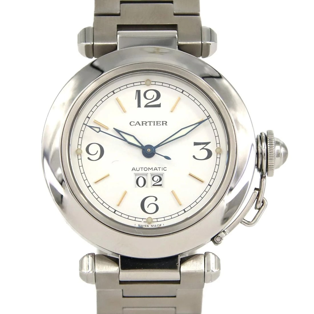 CARTIER PASHA GRANDE DATE STAINLESS STEEL MECHANICAL WATCH: Cartier Pasha Grande Date Stainless Steel Mechanical Watch Brand: CARTIER Type: Wrist watch Material: Case: Stainless Steel Breath: Stainless Steel Color: Dial color white Size: Case diameter: