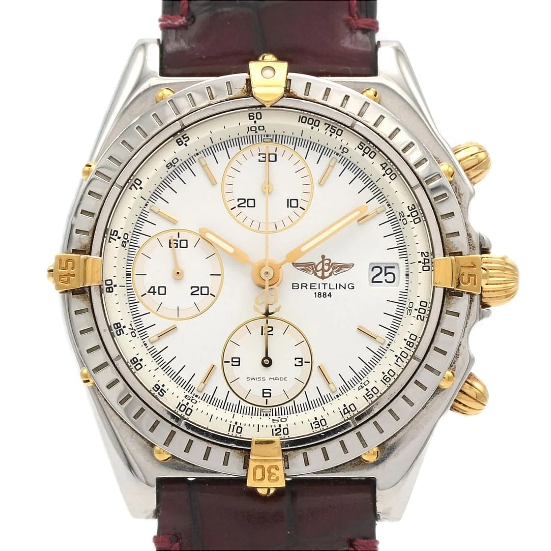 BREITLING CHRONOMAT SSXYG WATCH: Breitling Chronomat SSxYG Watch Brand: BREITLING Type: Wrist watch Material: Case: Stainless steel x yellow gold Bracelet: Strap Color: Dial Color: White Band Color: Brown Size: Case diameter: Approx.