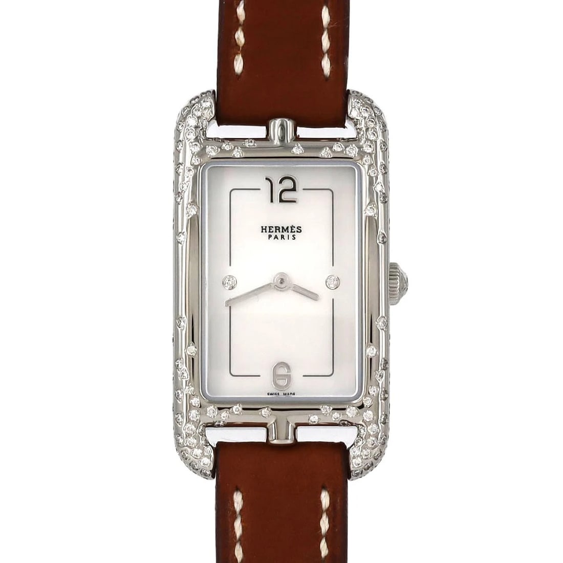 HERMES STAINLESS STEEL QUARTZ WATCH: Hermes Stainless Steel Quartz Watch Brand: HERMES Type: Wrist watch Material: Case: Stainless Steel Bracelet: Strap Color: Dial Color: Mother of Pearl/Diamond Band Color: Brown Size: Case diameter: 20