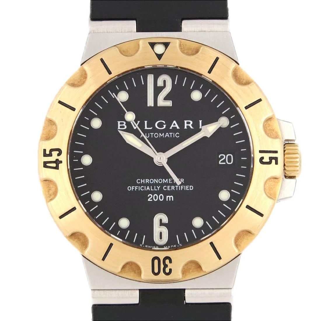 BULGARI DIAGONO SCUBA SSXYG WATCH: Bulgari Diagono Scuba SSxYG Watch Brand: BVLGARI Type: Wrist watch Material: Case: Stainless steel x yellow gold Bracelet: Rubber Color: Dial Color: Black Band Color: Black Size: Case diameter: Approx