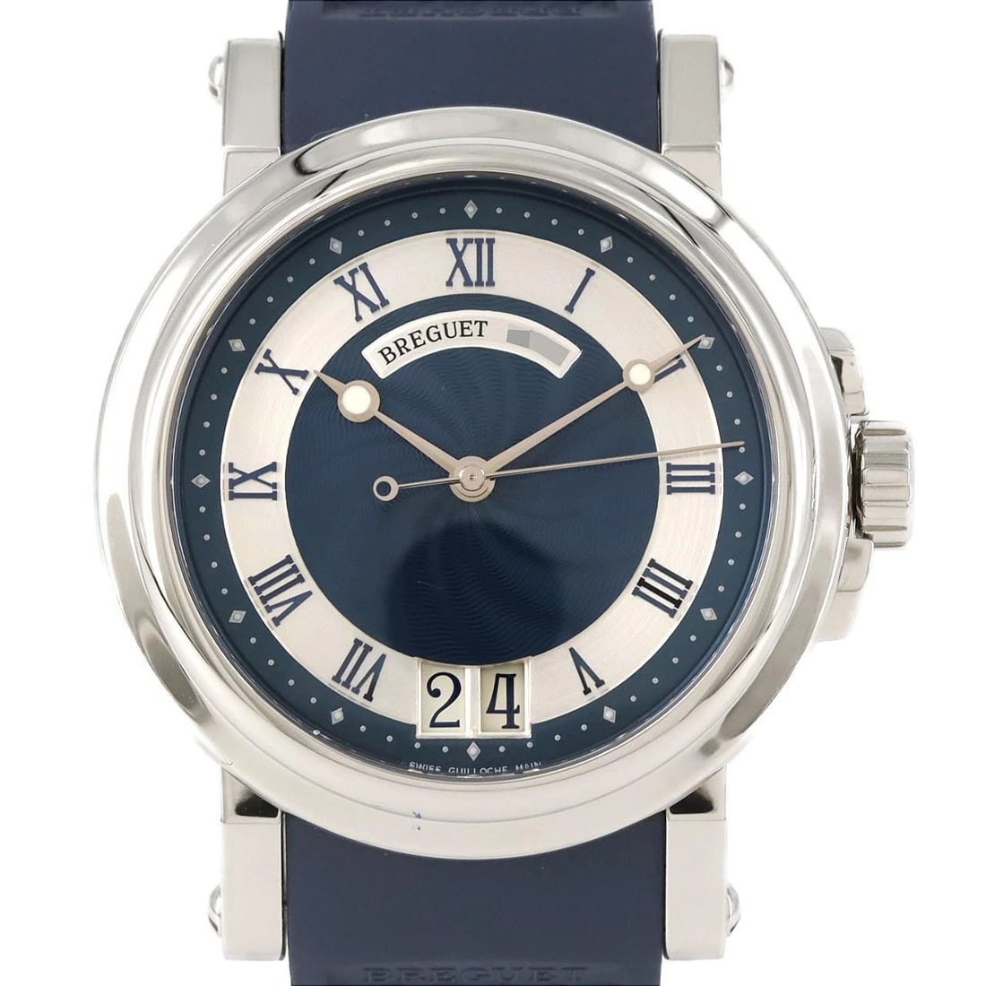 BREGUET MARINE LARGE DATE STAINLESS STEEL MECHANICAL WATCH: Breguet Marine Large Date Stainless Steel Mechanical Watch Brand: Breguet Type: Wrist watch Material: Case: Stainless Steel Breath: Stainless Steel Color: Dial Color: Blue/Roman Band Color: Blue Size: