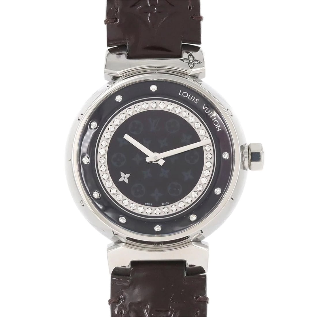 LOUIS VUITTON TAMBOUR DISC AMARANTE WATCH: Louis Vuitton Tambour Disc Amarante Watch Brand: LOUIS VUITTON Type: Wrist watch Material: Case: Stainless Steel Bracelet: Strap Color: Dial Color: Brown/Diamond Band color: Brown Size: Case diameter: