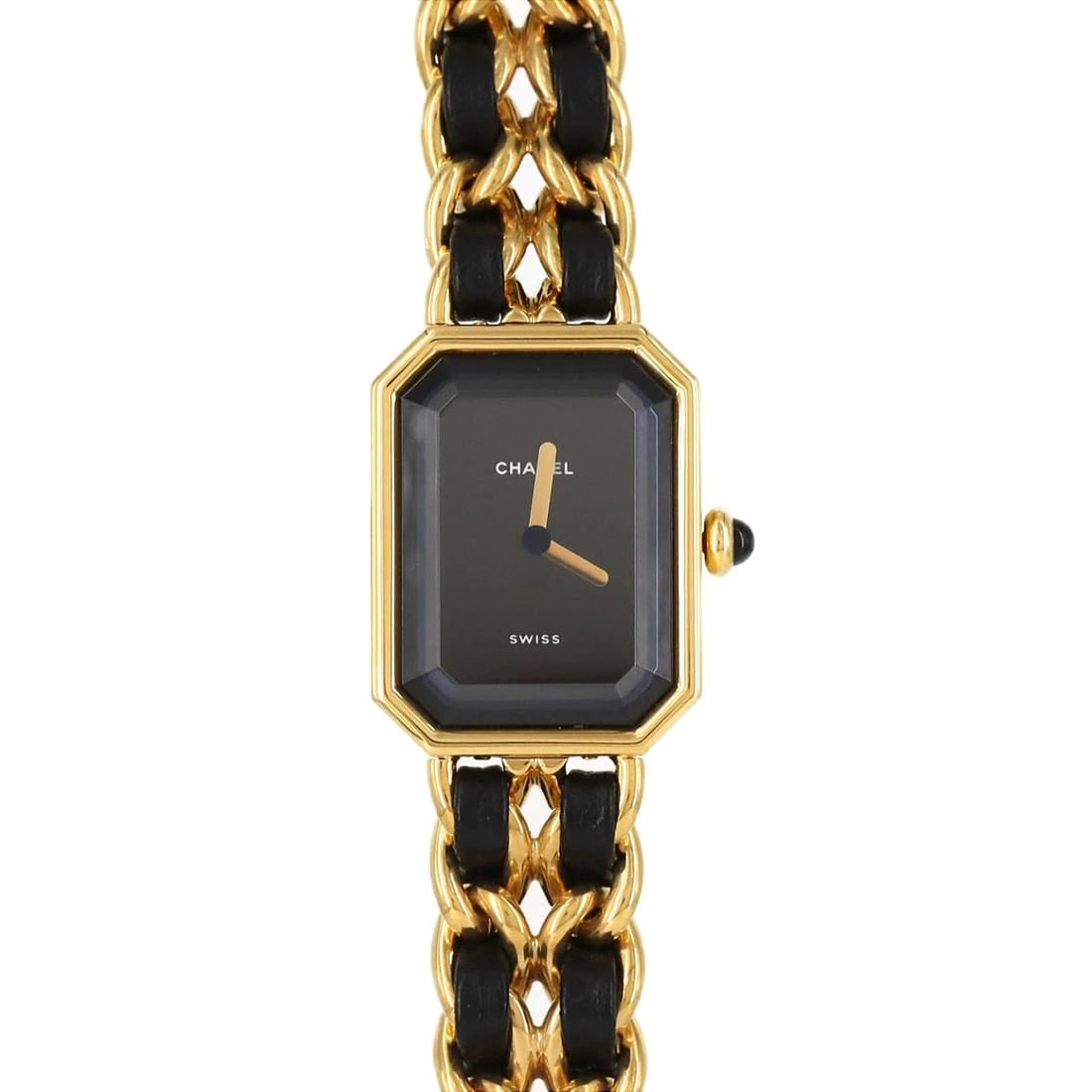 CHANEL PREMIERE GOLD PLATED QUARTZ WATCH: Chanel Premiere Gold Plated Quartz Watch Brand: CHANEL Type: Wrist watch Material: Case: Gold plated Bracelet: Gold plated x Strap Color: Dial Color: Black Band Color: Black Size: Case diameter: 20x26