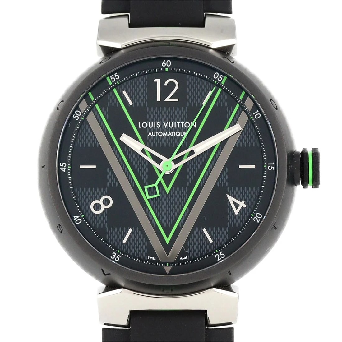LOUIS VUITTON TAMBOUR STAINLESS STEEL MECHANICAL AUTOMATIC WATCH: Louis Vuitton Tambour Stainless Steel Mechanical Automatic Watch Brand: LOUIS VUITTON Type: Wrist watch Material: Case: Stainless Steel Breath: Rubber Color: Dial color Case diameter: Approx. 41.5mm S