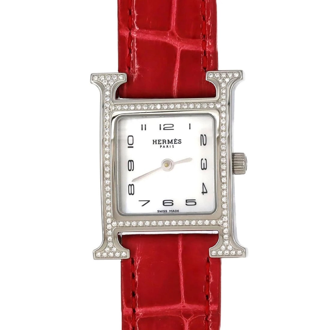 HERMES WATCH STAINLESS STEEL QUARTZ WATCH: Hermes Watch Stainless Steel Quartz Watch Brand: HERMES Type: Wrist watch Material: Case: Stainless Steel Bracelet: Strap Color: Dial Color: Mother of Pearl/Arabic Band Color: Red Size: Case diameter:
