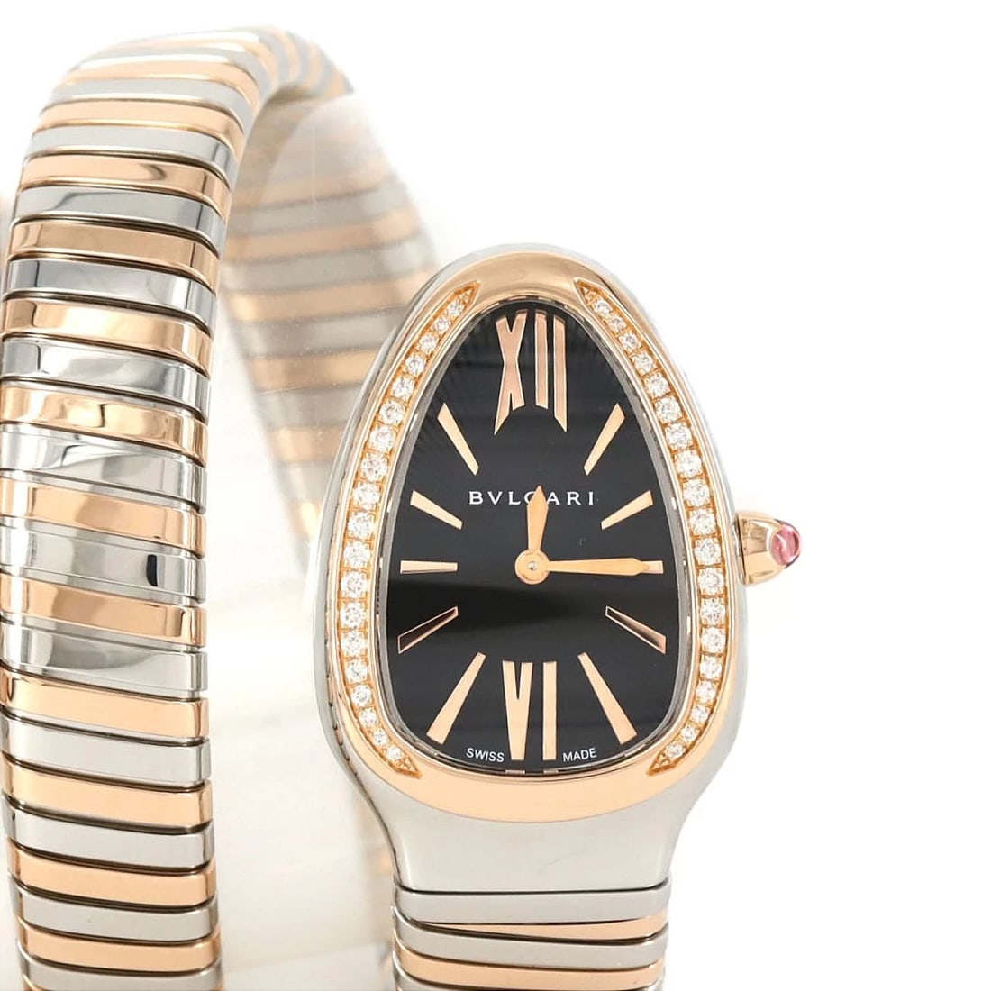 BVLGARI SERPENTI TUBOGAS MEDIUM PG COMBINATION WATCH: Bvlgari Serpenti Tubogas Medium PG Combination Watch Brand: BVLGARI Type: Wrist watch Material: Case: Stainless steel x pink gold Bracelet: Stainless steel x pink gold Color: Dial color black Size: