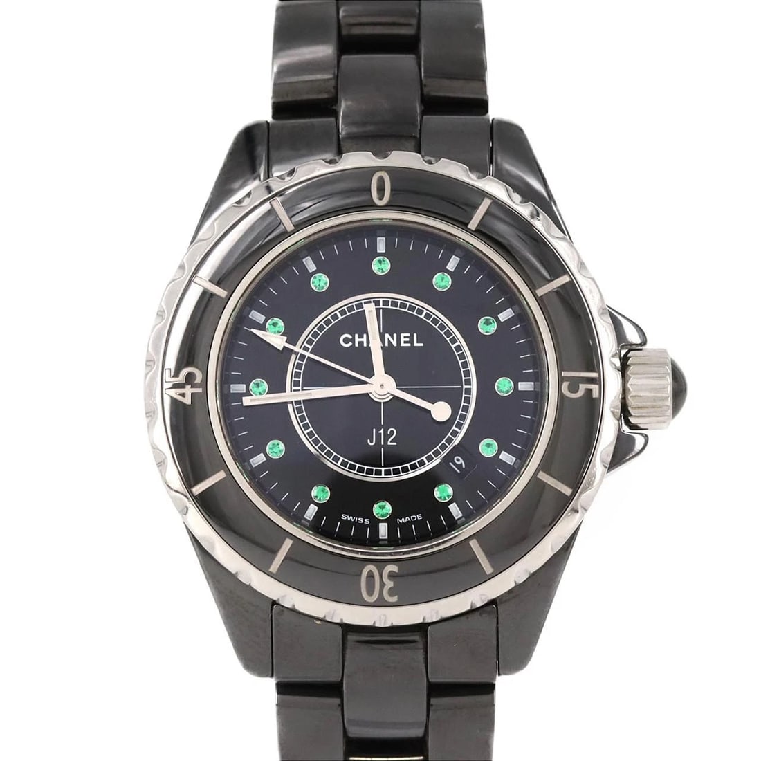CHANEL J12 CERAMIC EMERALD WATCH: Chanel J12 Ceramic Emerald Watch Brand: CHANEL Type: Wrist watch Material: Case: Ceramic Bracelet: Ceramic Color: Dial Color: Black/Emerald Size: Case diameter: Approx. 33 mm Max wrist circumference: 
