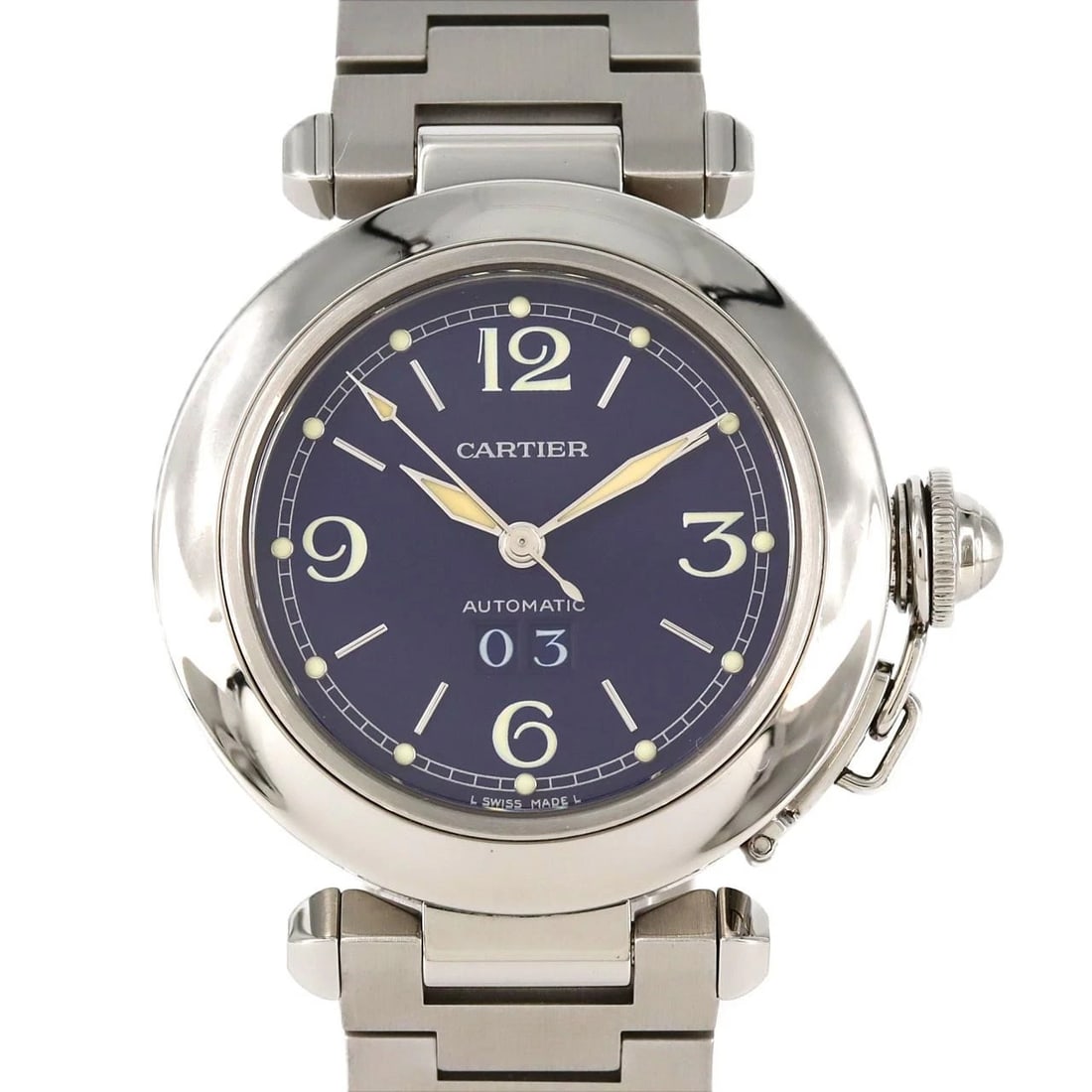 CARTIER PASHA GRANDE DATE STAINLESS STEEL MECHANICAL WATCH: Cartier Pasha Grande Date Stainless Steel Mechanical Watch Brand: CARTIER Type: Wrist watch Material: Case: Stainless Steel Breath: Stainless Steel Color: Dial color blue Size: Case diameter: Approx. 