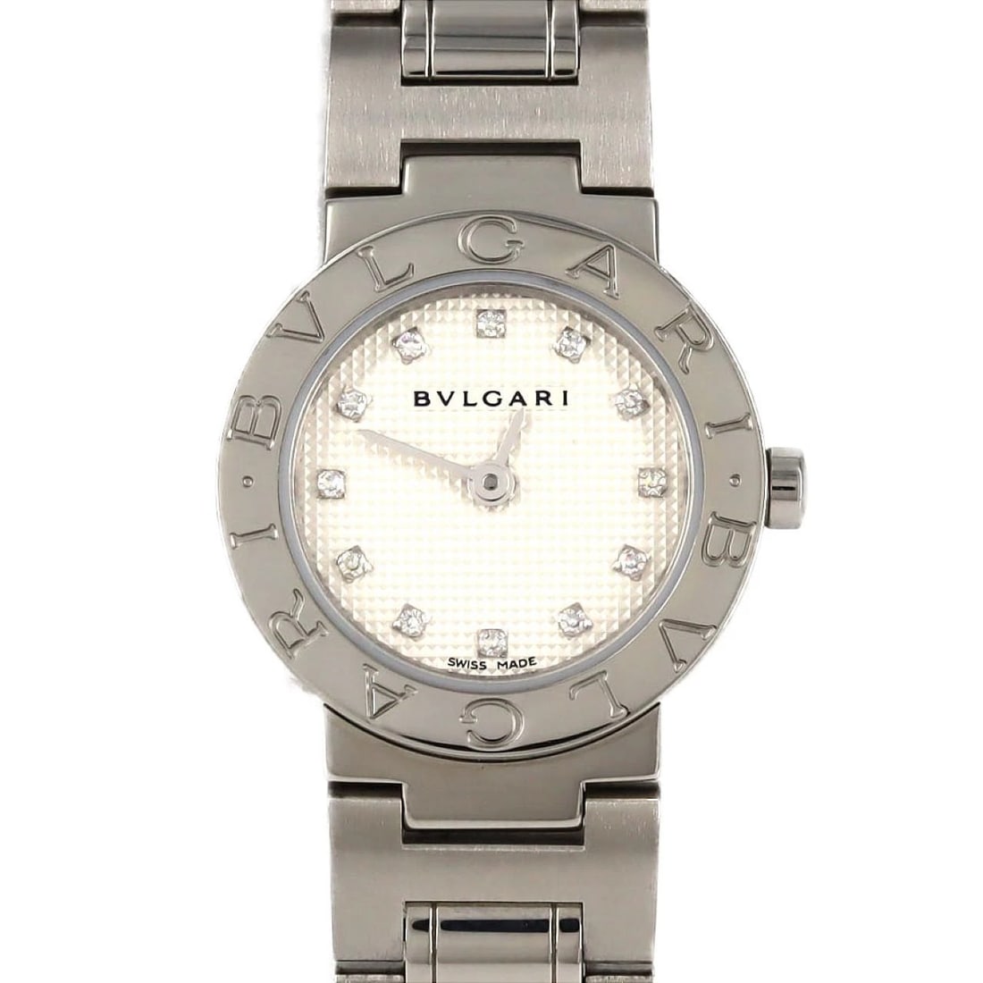 BVLGARI STAINLESS STEEL WATCH: Bvlgari Stainless Steel Watch Brand: BVLGARI Type: Wrist watch Material: Case: Stainless Steel Breath: Stainless Steel Color: Dial Color: White/Diamond Size: Case diameter: Approx. 23mm Max wrist circ
