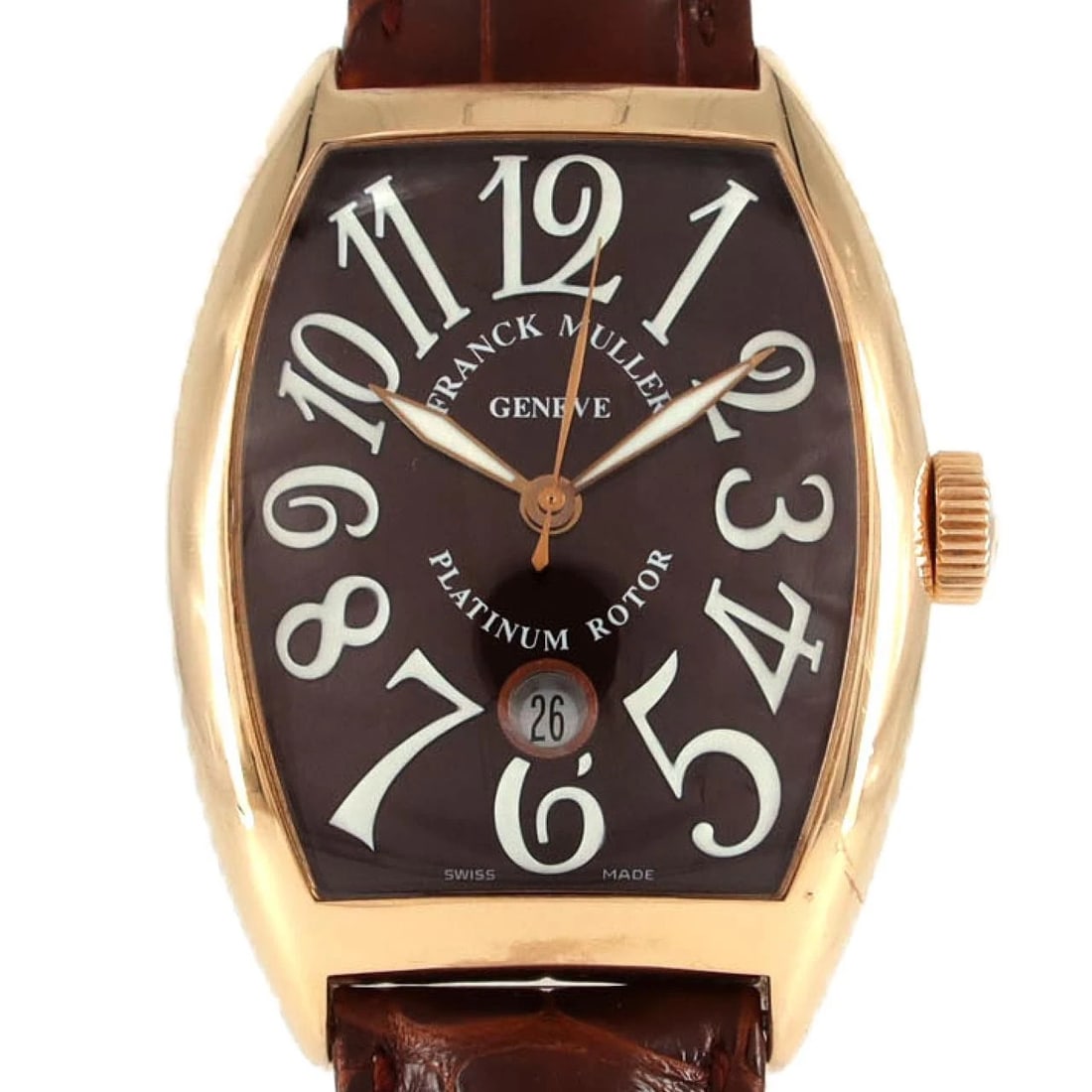 FRANCK MULLER TONNEAU CURVEX WATCH: Franck Muller Tonneau Curvex Watch Brand: FRANCK MULLER Type: Wrist watch Material: Case: Pink gold/rose gold Bracelet: Strap Color: Dial Color: Brown/Arabic Band Color: Brown Size: Case diameter appr