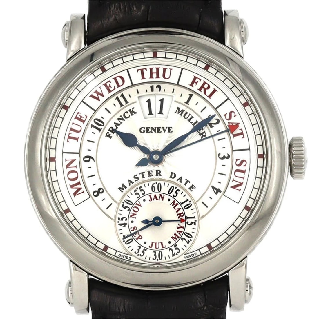 FRANCK MULLER ROUND GRAND DATE STAINLESS STEEL MECHANICAL WATCH: Franck Muller Round Grand Date Stainless Steel Mechanical Watch Brand: FRANCK MULLER Type: Wrist watch Material: Case: Stainless Steel Bracelet: Strap Color: Dial Color: Silver/Arabic Band Color: Blac