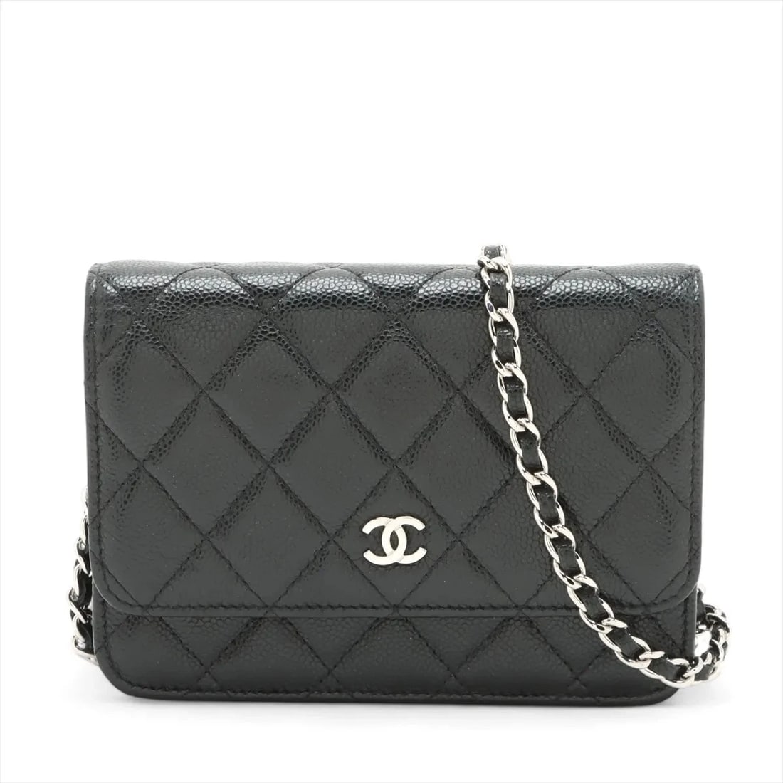 CHANEL MATELASSE CAVIAR SKIN CHAIN WALLET BLACK SILVER: Chanel Matelasse Caviar Skin Chain Wallet Black Silver Brand: Chanel Type: Shoulder bag Material: Caviar Skin Color: Black Size: Height:4.3inchLength:6.1inchDepth:1.4inch Accessories: None