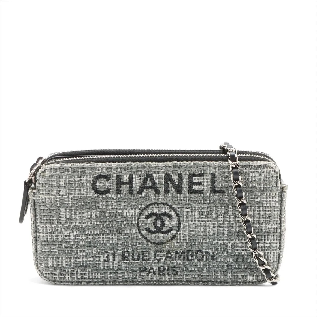 CHANEL DEAUVILLE TWEED CHAIN WALLET GRAY SILVER: Chanel Deauville Tweed Chain Wallet Gray Silver Brand: Chanel Type: Shoulder bag Material: Tweed Color: Gray Size: Height:3.9inchLength:7.3inchDepth:1.4inch Accessories: None Accessories N