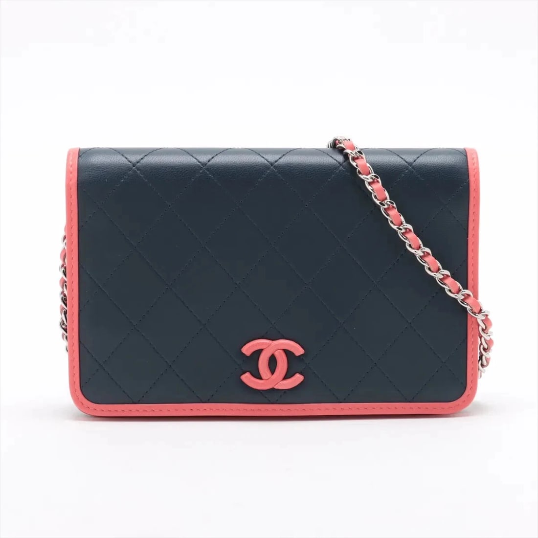 CHANEL MATELASSE LAMBSKIN CHAIN WALLET NAVY X PINK SILVER (1 of 4)