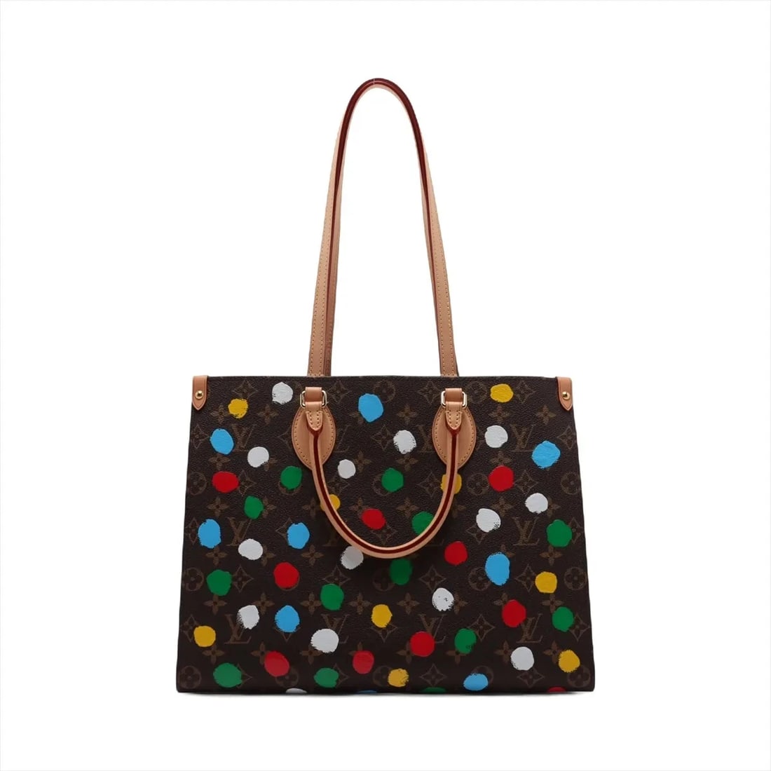 LOUIS VUITTON X YAYOI KUSAMA INFINITY DOTS ON THE GO MM: Louis Vuitton x Yayoi Kusama Infinity dots On the Go MM Brand: Louis Vuitton x Yayoi Kusama Type: Tote bag Material: none Color: Brown Size: Height:10.2inch Length:13.6inch Depth:5.9inch Handle height