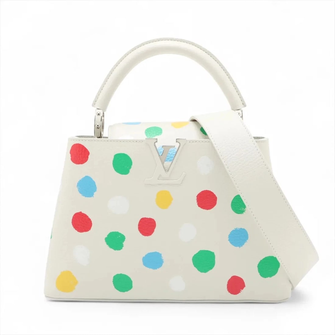 LOUIS VUITTON X YAYOI KUSAMA TAURILLON CAPUCINES BB: Louis Vuitton x Yayoi Kusama Taurillon Capucines BB Brand: Louis Vuitton x Yayoi Kusama Type: Hand bag Material: none Color: White Size: Height:7.5inch Length:10.4inch Depth:3.5inch Handle height:3.1i