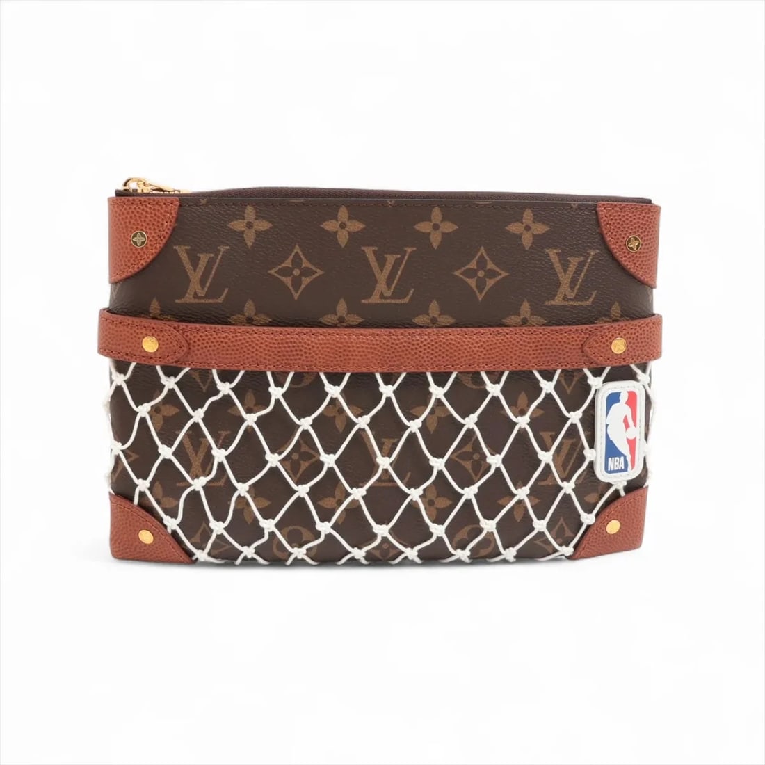 LOUIS VUITTON X NBA MONOGRAM NETS FLAT POUCH: Louis Vuitton x NBA Monogram nets Flat Pouch Brand: Louis Vuitton x NBA Type: Pouch Material: PVC & leather Color: Brown Size: Height:6.5inchLength:9.4inchDepth:0.6inch Accessories: None A