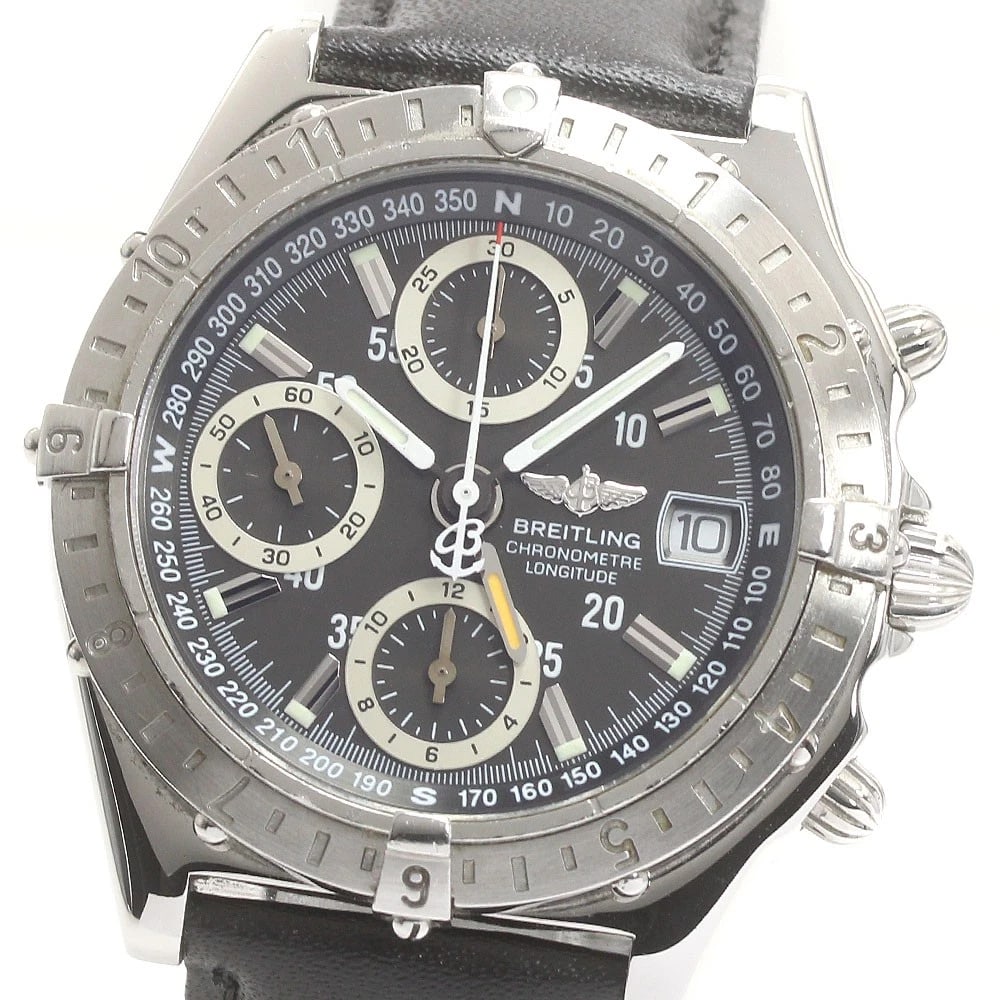 BREITLING CHRONOMAT LONGITUDE GRAY AUTOMATIC WATCH: BREITLING Chronomat Longitude gray Automatic Watch Brand: BREITLING Type: Wristwatch Material: Band Material leather, Case Material Stainless Steel Color: Band Color black, Dial Colorgray, Case
