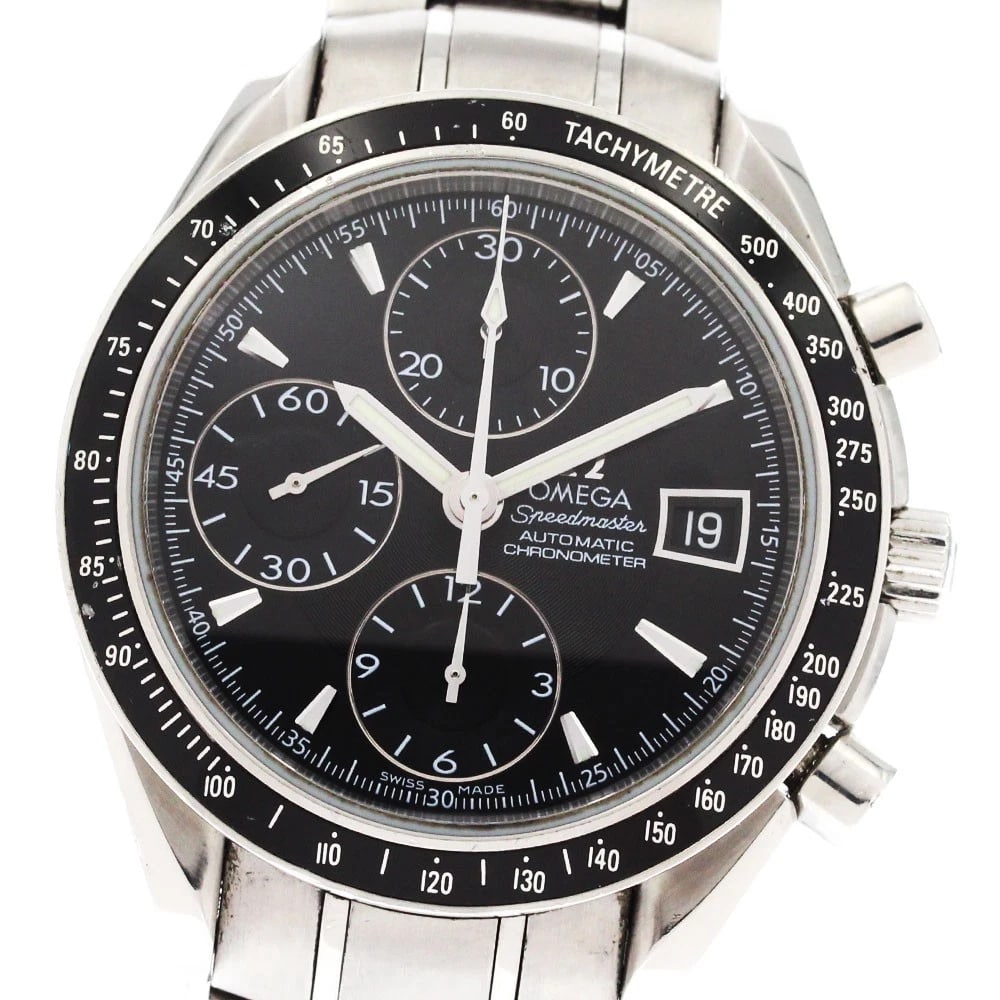 OMEGA SPEEDMASTER DATE BLACK AUTOMATIC WATCH: OMEGA Speedmaster Date Black Automatic Watch Brand: OMEGA Type: Wristwatch Material: Band Material Stainless Steel, Case Material Stainless Steel Color: Band Color Silver, Dial Colorblack, Case ColorS