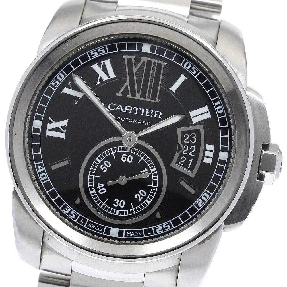 CARTIER CALIBRE DATE BLACK AUTOMATIC WATCH: CARTIER Calibre Date black Automatic Watch Brand: CARTIER Type: Wristwatch Material: Band Material Stainless Steel, Case Material Stainless Steel Color: Band Color Silver, Dial Colorblack, Case