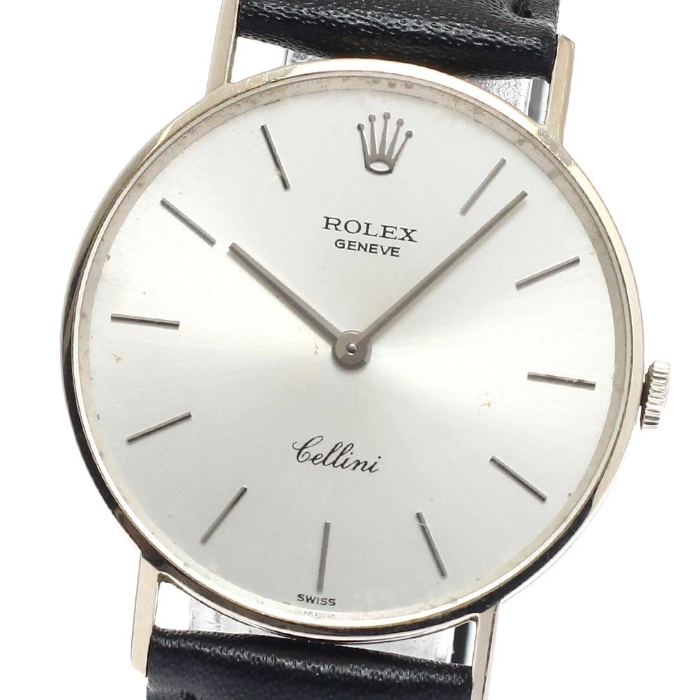 ROLEX CELLINI K18WG SILVER WATCH: ROLEX Cellini K18WG Silver Watch Brand: ROLEX Type: Wristwatch Material: Band Material leather, Case Material K18WG Color: Band Color black, Dial ColorSilver, Case ColorSilver Size: Case Size