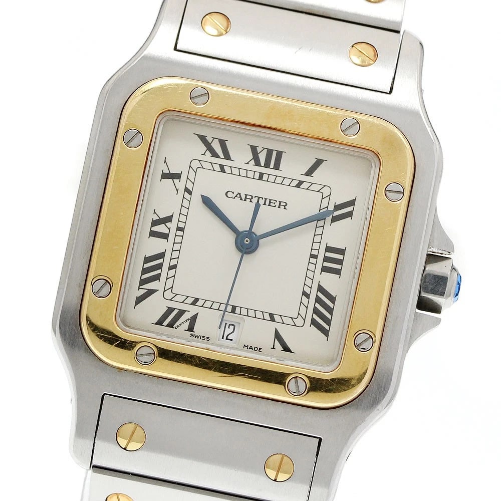 CARTIER SANTOS GALBEE DATE YG BEZEL QUARTZ WATCH: CARTIER Santos Galbee Date YG bezel Quartz Watch Brand: CARTIER Type: Wristwatch Material: Band Material Stainless Steel/YG, Case Material Stainless Steel/YG Color: Band Color Silver / Gold, Dial Colo