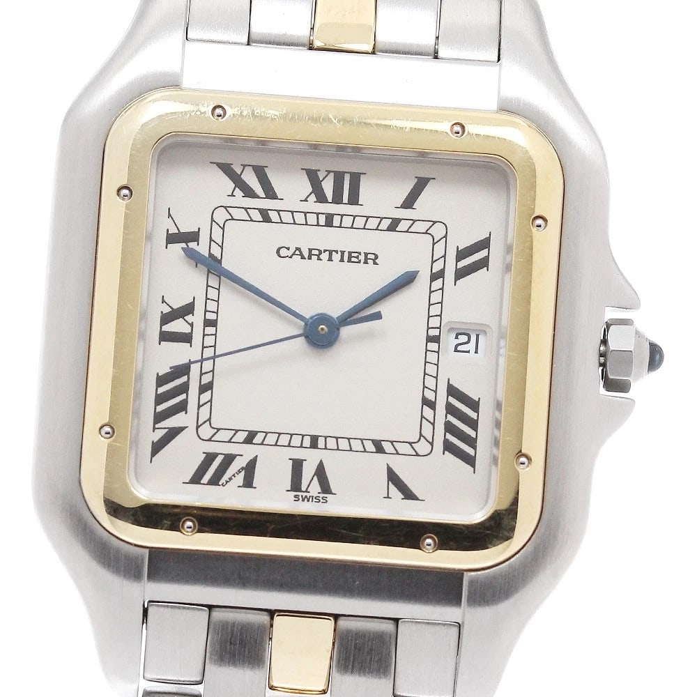 CARTIER PANTHERELM DATE BEIGE QUARTZ WATCH: CARTIER PANTHERELM Date Beige Quartz Watch Brand: CARTIER Type: Wristwatch Material: Band Material Stainless Steel/YG, Case Material Stainless Steel/YG Color: Band Color Silver / Gold, Dial Colorbeige