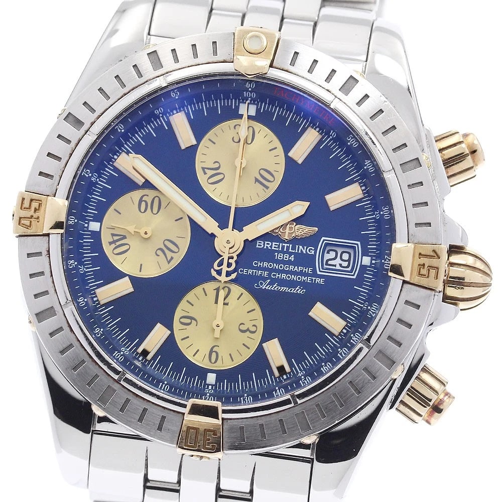 BREITLING CHRONOMAT DATE AUTOMATIC WATCH: BREITLING Chronomat Date Automatic Watch Brand: BREITLING Type: Wristwatch Material: Band Material Stainless Steel, Case Material Stainless Steel/YG Color: Band Color Silver, Dial ColorBlue / gold, Ca