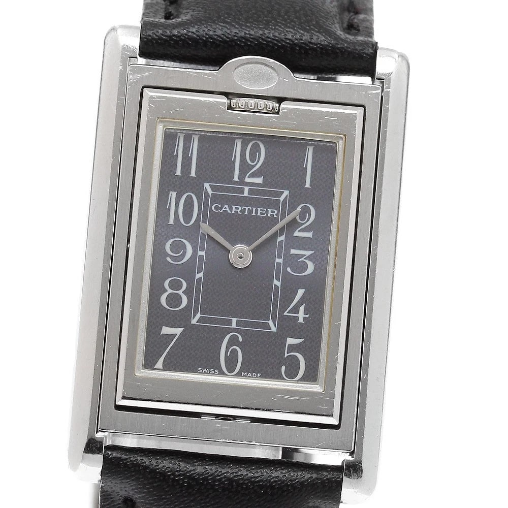 CARTIER TANK BATH GRAY QUARTZ WATCH: CARTIER Tank bath gray Quartz Watch Brand: CARTIER Type: Wristwatch Material: Band Material leather, Case Material Stainless Steel Color: Band Color black, Dial Colorgray, Case ColorSilver Size: Case