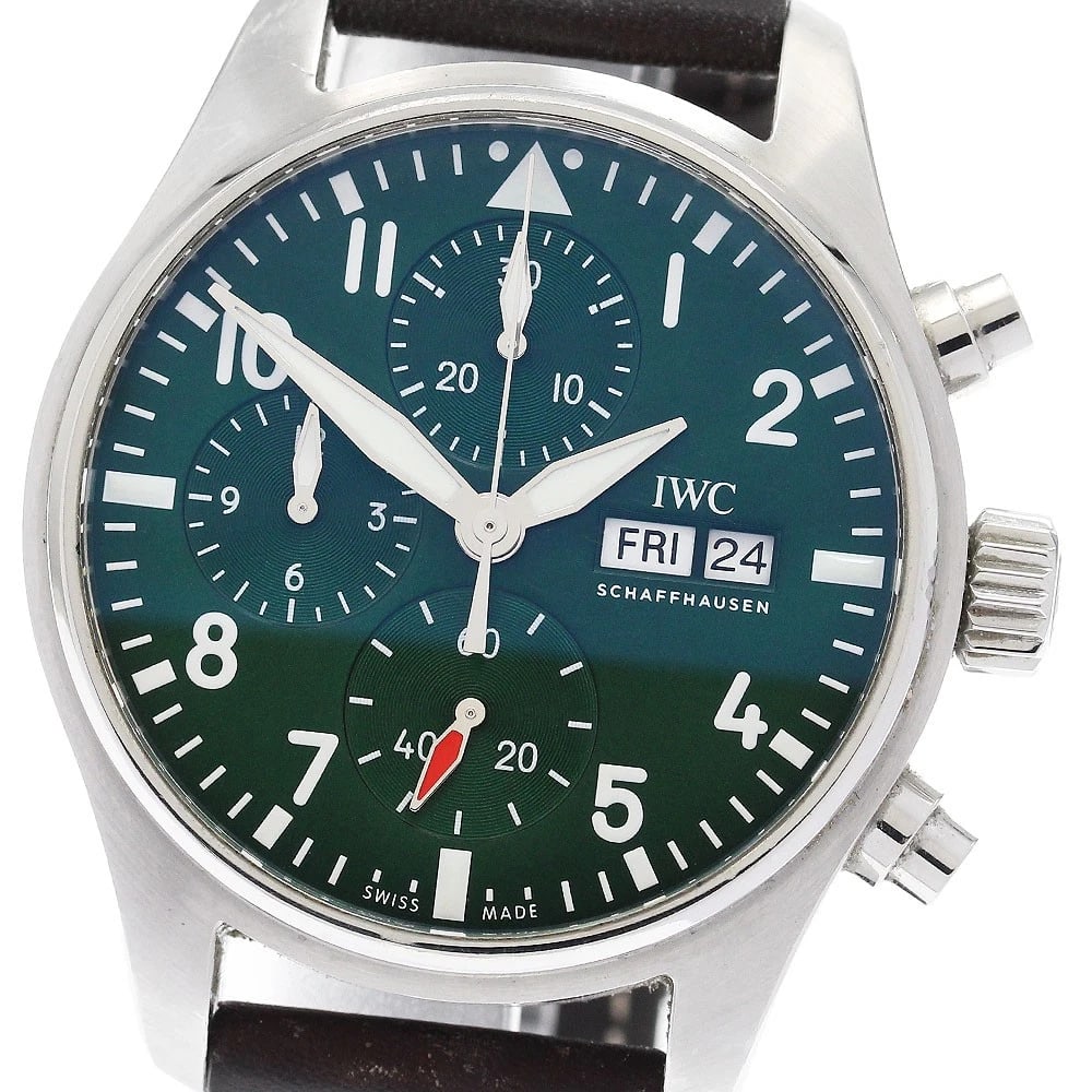 IWC SCHAFFHAUSEN PILOT WATCH CHRONOGRAPH AUTOMATIC: IWC SCHAFFHAUSEN Pilot watch Chronograph Automatic Brand: IWC SCHAFFHAUSEN Type: Wristwatch Material: Band Material leather, Case Material Stainless Steel Color: Band Color Dark brown, Dial Colorgreen