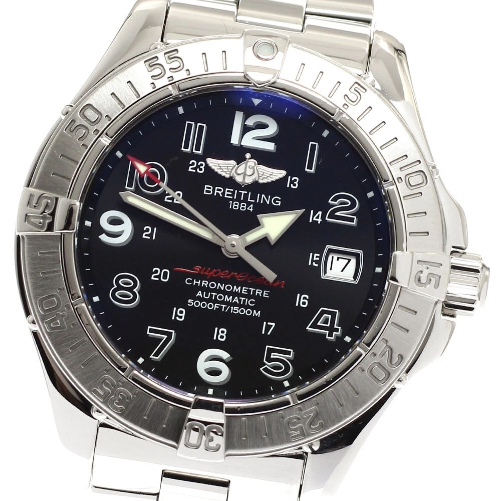 BREITLING SUPER OCEAN DATE BLACK AUTOMATIC WATCH: BREITLING Super Ocean Date Black Automatic Watch Brand: BREITLING Type: Wristwatch Material: Band Material Stainless Steel, Case Material Stainless Steel Color: Band Color Silver, Dial Colorblack, Cas