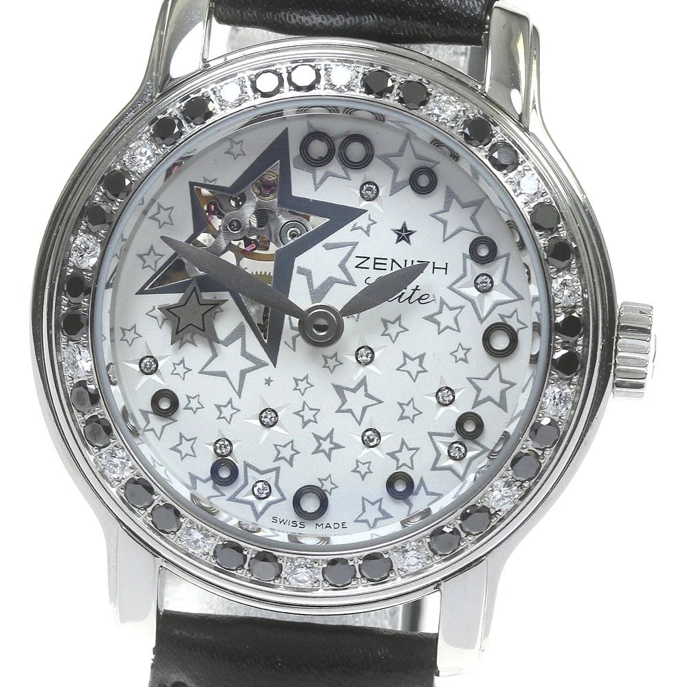 ZENITH BABY STAR OPEN SEA DIAMOND BEZEL: ZENITH Baby Star Open Sea Diamond Bezel Brand: ZENITH Type: Wristwatch Material: Band Material leather, Case Material Stainless Steel Color: Band Color black, Dial Colorwhite, Case ColorSilver Size: C