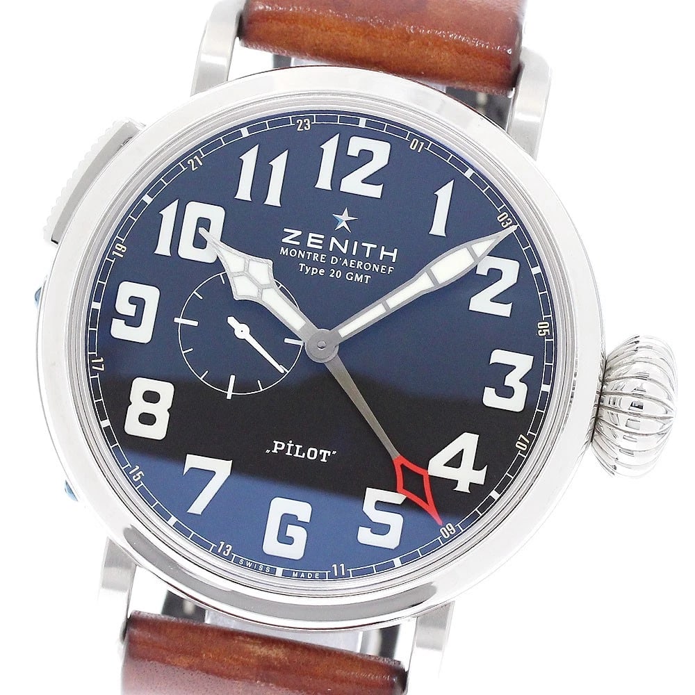 ZENITH PILOT AERONEV BLACK AUTOMATIC: ZENITH Pilot Aeronev Black Automatic Brand: ZENITH Type: Wristwatch Material: Band Material leather, Case Material Stainless Steel Color: Band Color Brown, Dial Colorblack, Case ColorSilver Size: Case
