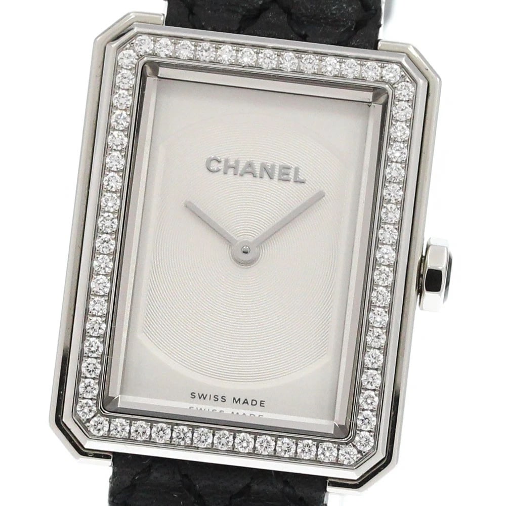 CHANEL DIAMOND BEZEL SILVER QUARTZ WATCH: CHANEL Diamond Bezel Silver Quartz Watch Brand: CHANEL Type: Wristwatch Material: Band Material leather, Case Material Stainless Steel Color: Band Color black, Dial ColorSilver, Case ColorSilver Size: