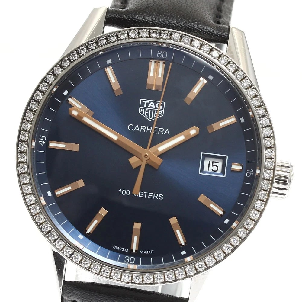 TAG HEUER CARRERA DATE DIAMOND BEZEL NAVY WATCH: TAG HEUER Carrera date diamond bezel Navy Watch Brand: TAG HEUER Type: Wristwatch Material: Band Material leather, Case Material Stainless Steel Color: Band Color black, Dial ColorNavy, Case ColorSilv