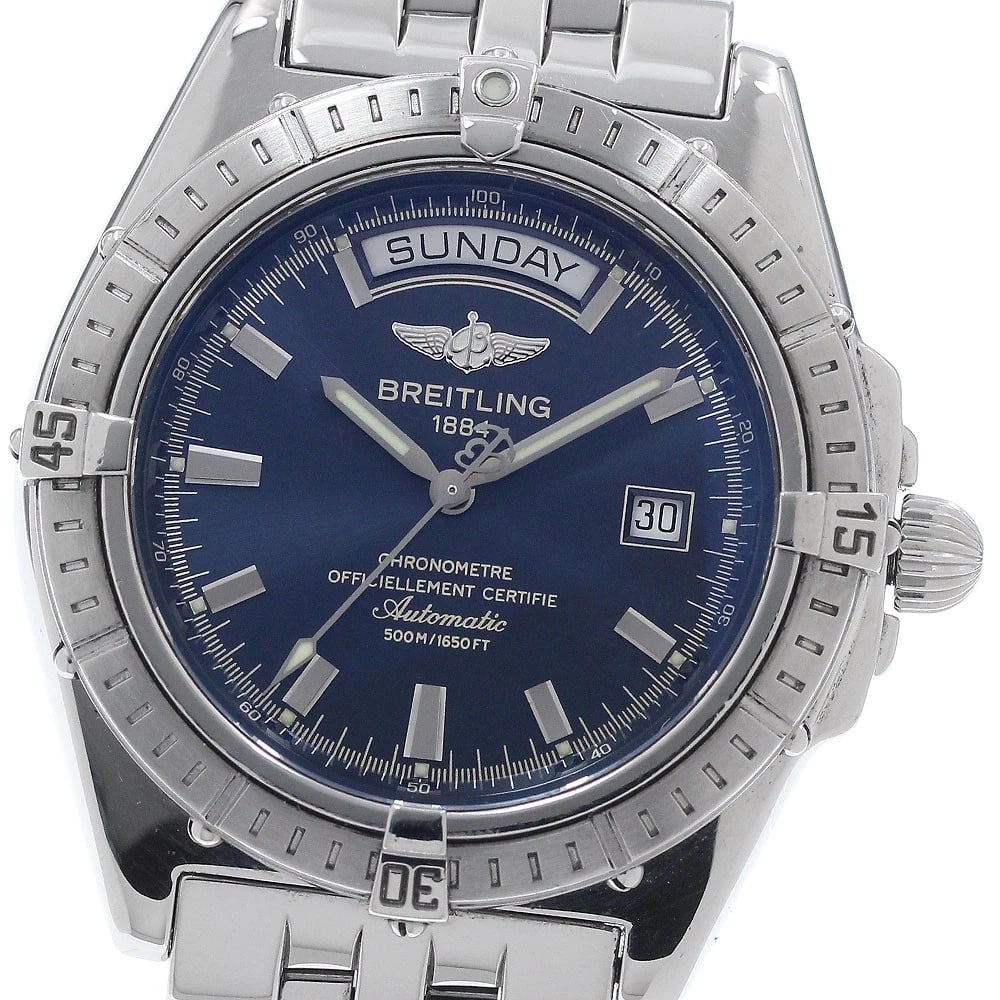 BREITLING DATE NAVY AUTOMATIC WATCH: BREITLING date Navy Automatic Watch Brand: BREITLING Type: Wristwatch Material: Band Material Stainless Steel, Case Material Stainless Steel Color: Band Color Silver, Dial ColorNavy, Case ColorSilver